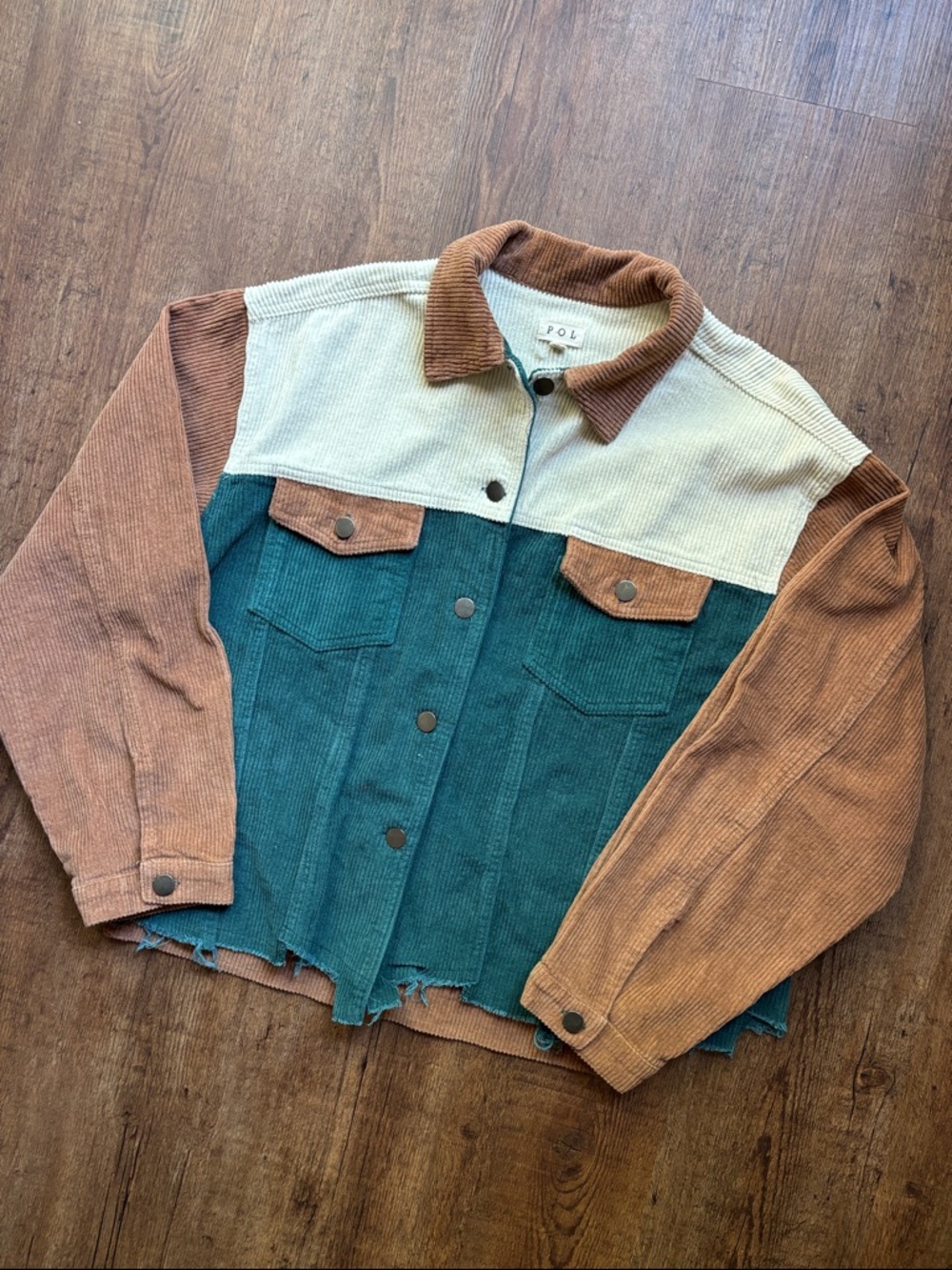 POL Colorblock Corduroy Jacket in Teal, Cream & Brown size large